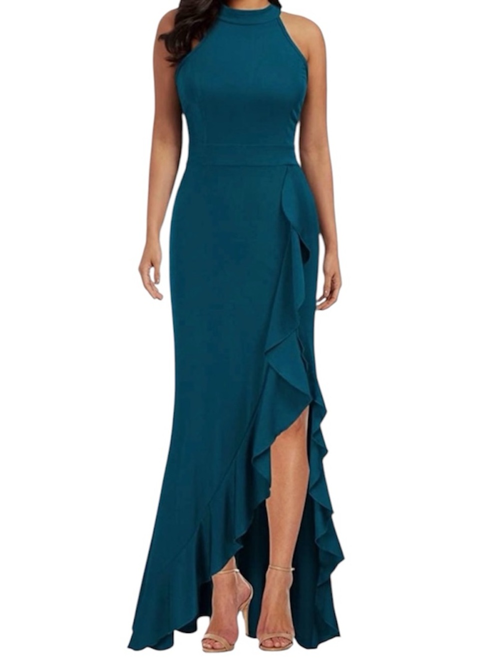 Amazon Teal High-Neck Ruffle-Trim Maxi Dress size medium
